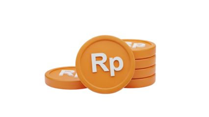 3D Orange coins with Rp symbol stacked on transparent background