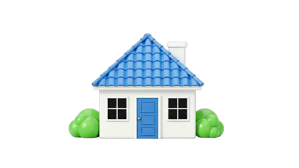 3D Cartoon house with blue roof and green bushes on transparent background