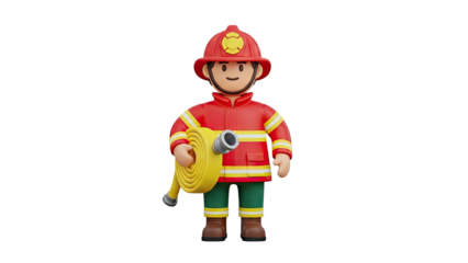 3D Cartoon Firefighter Holding a Hose on transparent background