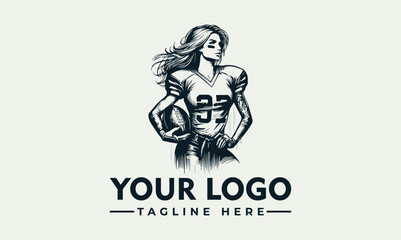 A muscular woman in a rugby jersey holding a ball with a logo and tagline on a clean background, vector illustration with bold lines.
