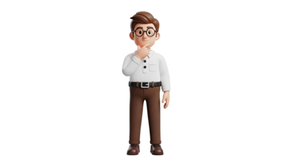 3D Cartoon man in glasses thinking with finger on chin on transparent background