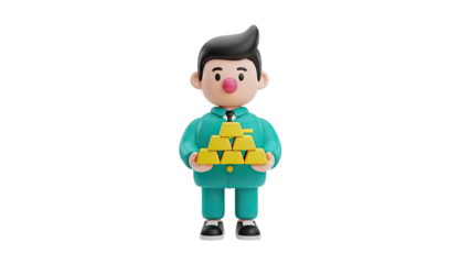 3D Cartoon man holding gold bars on transparent background