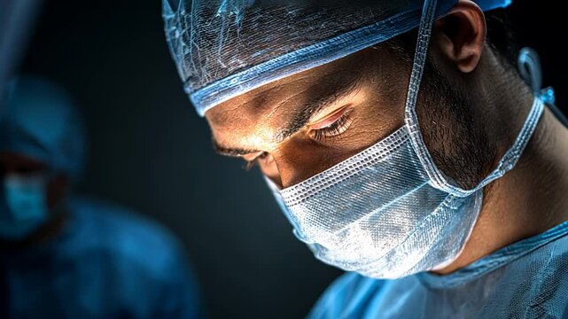 surgeon in blue surgical mask and cap