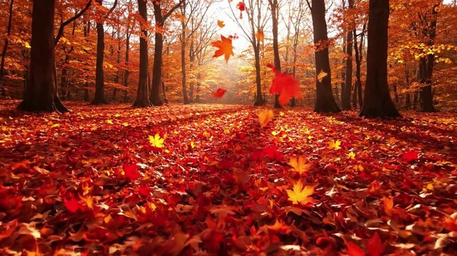 Sun dappled Autumn Woods maple leaves Wide shot of a serene forest path covered in fallen leaves Cinematic wide shot of a serene