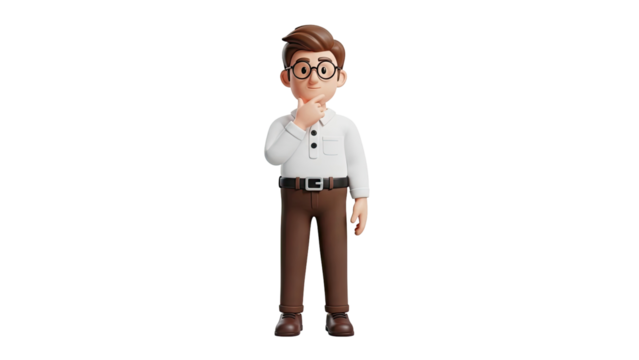 3D Cartoon man in glasses thinking with finger on chin on transparent background - Powered by Adobe