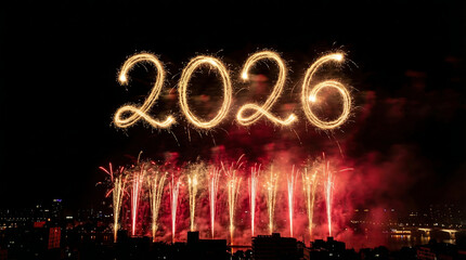 New year celebration with sparkling fireworks display in the night sky, cityscape background, 2026 written in glowing lights