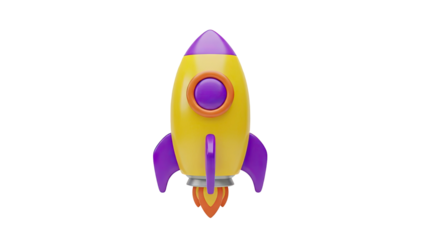 3D Colorful cartoon rocket ship with flames on transparent background