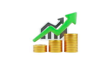 3D Financial Growth Concept: Arrow Graph and Stacks of Coins on transparent background