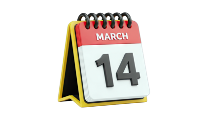 3D Desktop Calendar Showing March 14 on transparent background