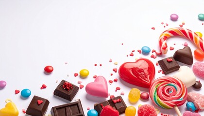 Colorful assorted candies and sweets on white background