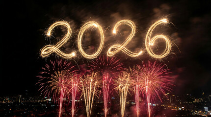 New year's eve celebration with fireworks display and glowing 2026 numbers in night sky over cityscape