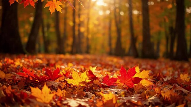 Carpet of Leaves maple leaves autumn Show a wide shot or tracking shot of a forest floor completely covered in a thick, colorful