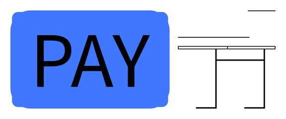 Online transactions, financial technology, digital payment systems, e-commerce, cashless services, payment solutions. A blue PAY button with minimalistic lines and abstract design elements. Online