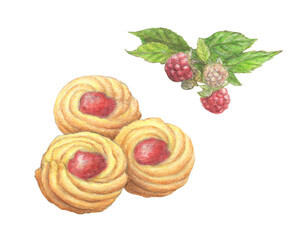 ラズベリージャムクッキーと葉付きのラズベリー　水彩色鉛筆イラスト