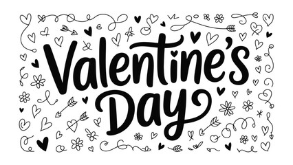Valentine's Day Doodle: A whimsical illustration with the words Valentine's Day is adorned with a collection of hearts, arrows, and floral motifs, all rendered in an elegant doodle style.
