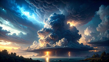 Epic sky scene depicts a massive storm cloud towering over a calm lake with streaks of lightning. Soft light at horizon