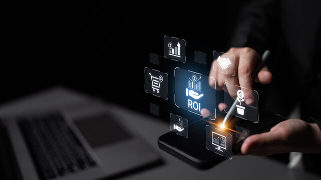 Concept of Return on Investment (ROI) for business. Analyzing financial performance and investment strategy to measure profit, growth, and the success of a marketing campaign. Fermion