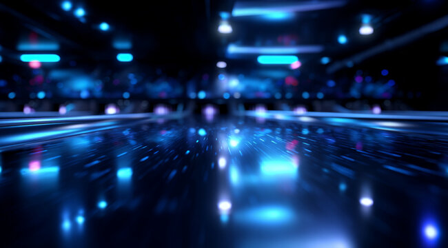 Digital Background of Blue and Black Neon Bowling Alley Floor, Glowing Lights, Low-Angle View, Dynamic Energetic Scene for Product Display