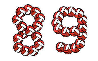 Volleyball number set 8 and 9 designed with interwoven ball elements, suitable for sports posters, ranking visuals, scoreboard graphics, and bold athletic typography