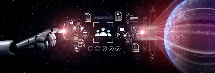 An innovative digital scene showcasing a robot interaction with data elements and futuristic concepts, highlighting the synergy between technology and human collaboration in space. Gantry