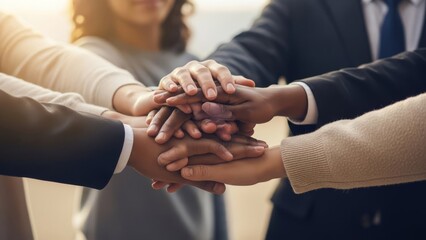 Diverse professionals in business attire stack hands outdoors at sunset.