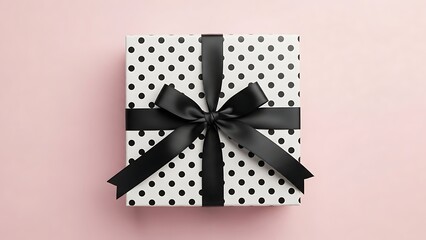 Gift box with black polka dots and ribbon on pink background