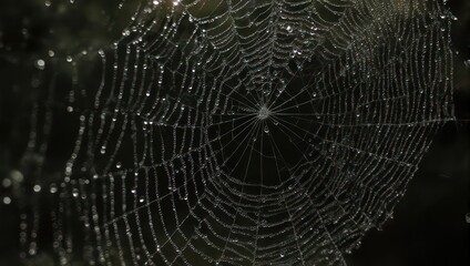 Intricate Spiderweb Displaying Dew Drops in Dark Environment.