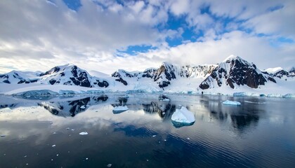 Stunning Antarctic Landscape - Snow-Capped Mountains Reflected in Calm Waters Under a Cloudy Sky.