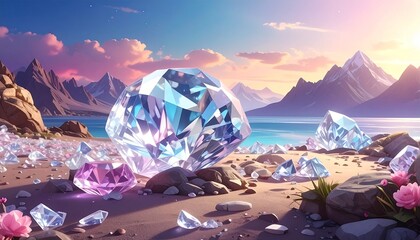 Stunning Diamond Beach Scene - Sparkling Gems on a Serene Shoreline Under a Colorful Sky.