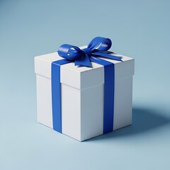 Obraz premium White gift box with blue ribbon and bow on light blue background