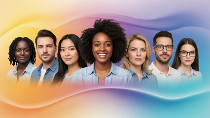 Diverse group of young adults smiling in casual clothing against a gradient background.