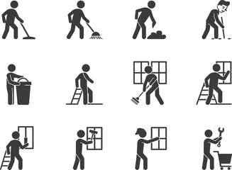 Stick Figure Icons Illustrating Cleaning and Maintenance Tasks with Tools and Ladders pictogram silhouette