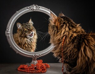 Cat staring in an ornate, silver framed mirror with a necklace