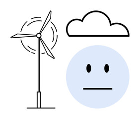 Renewable energy, climate change, sustainability, emotional expression, clean energy, eco-awareness. Wind turbine, cloud and a neutral face. Renewable energy and climate change visual concept