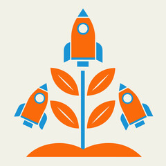 Growth Rocket Ship Concept With Leaves, Business Innovation And Success