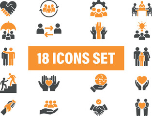 Community and Teamwork Icon Set. Including teamwork, support, collaboration, partnership, 
unity and leadership. Solid vector icons set