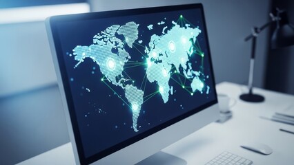 Global network connections visualized on a computer screen in a modern office setting.
