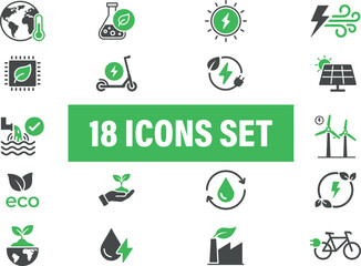Eco-friendly icons set. Including sustainable living, renewable energy, and environmental conservation. 
Icons Set for Eco-Friendly Concepts. solid vector icons