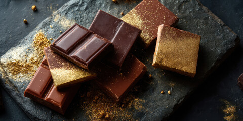 Luxurious flat lay of chocolate squares with gold dust and elegant texture, indulgent mood