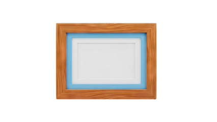 3D Wooden picture frame with blue mat and white matting on transparent background