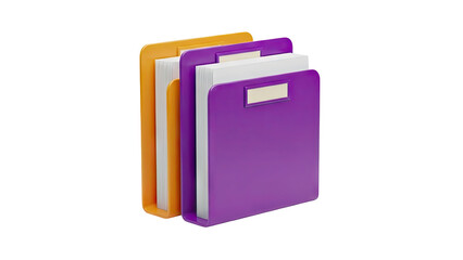 3D Orange and purple file folders with white paper on transparent background