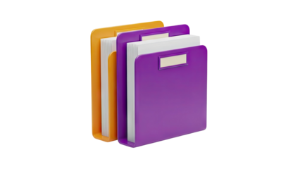 3D Orange and purple file folders with white paper on transparent background