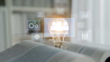 Outsourcing concept showing collaboration, delegation, global workforce, productivity, and task...