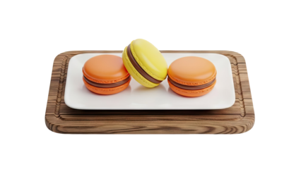 3D Orange and Yellow Macarons on a White Plate with Wood Tray on transparent background