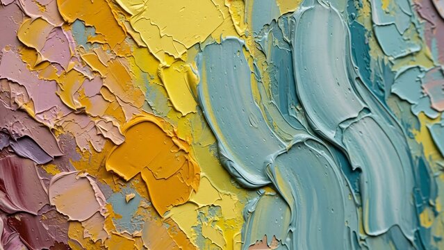 Close up view of an abstract oil painting featuring heavily textured impasto brushstrokes in a harmonious blend of yellow, blue, and purple hues