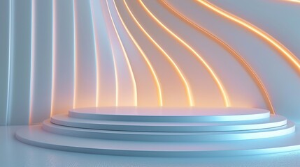 Three-tiered circular platform sits before a softly curving wall illuminated with warm neon lights