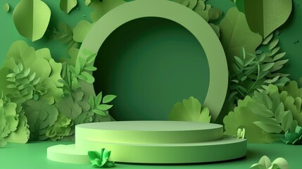 Two tiered green display platform is surrounded by paper crafted leaves and plants