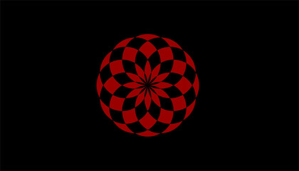 Abstract red and black geometric mandala with radial symmetry. Circular overlapping petal pattern forming a bold modern decorative design on dark background.