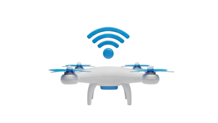 3D White drone with blue wifi symbol above on transparent background