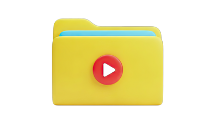 3D Yellow Folder Icon with Play Button on transparent background